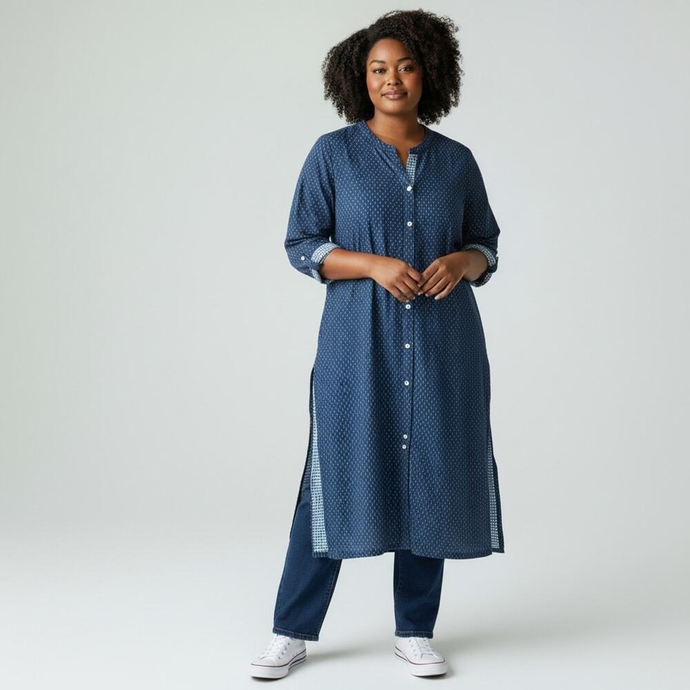 Aurelia Blue Polka Dot Button Up Dress XXL Duster Maxi Long Sleeve Shirt Dress